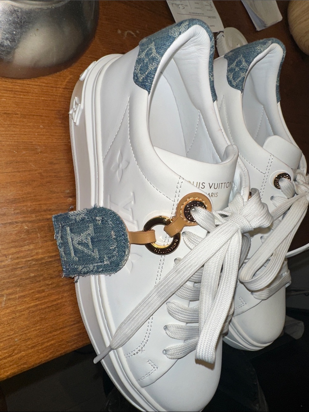 Louis Vuitton White Leather Low-Top Sneakers with Gold Accents - Picture 3 of 17